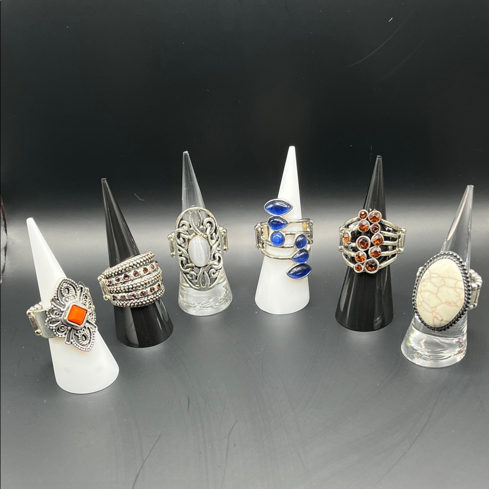 6 Stretchy Boho Style Assorted Gemstone Rings Set - Blue, Orange, White, Red